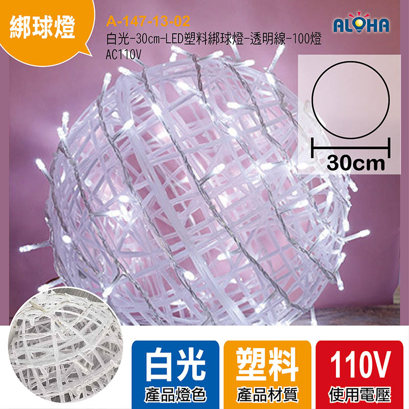 白光-30cm-LED塑料綁球燈-透明線-100燈-AC110V